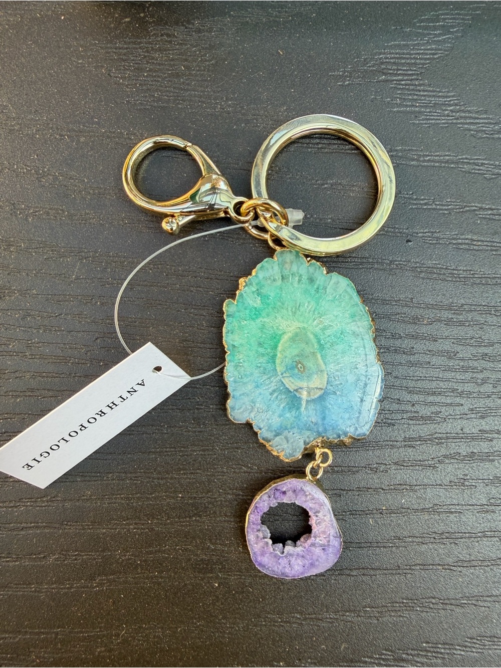 Anthropologie Agate Geode Crystal Keychain Gold-Tone, Aqua & Purple